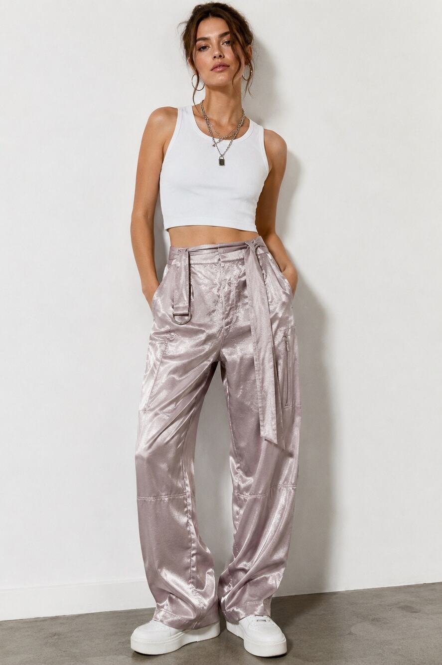 Saint Art Lance Zipper Pants baby pink satin cargo pants with belt